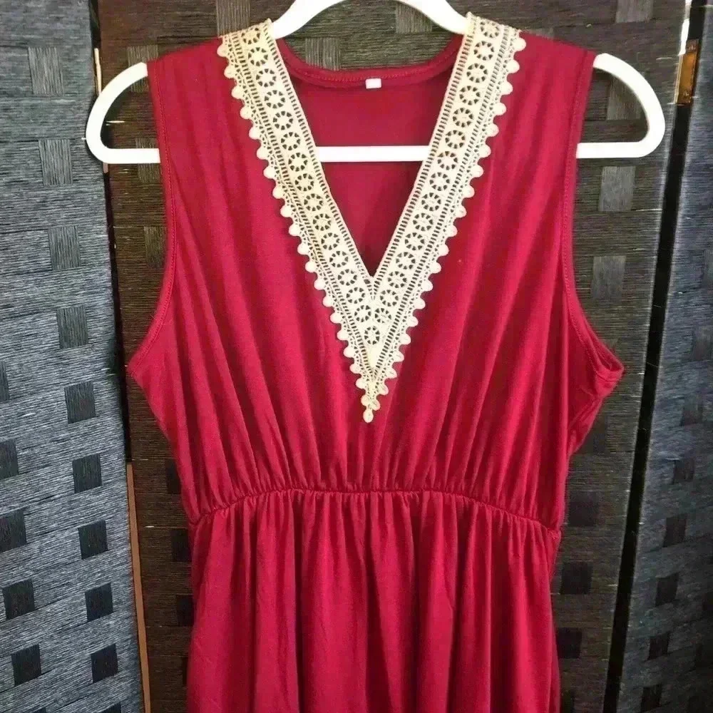 Red V-Neck Ruffled Dress